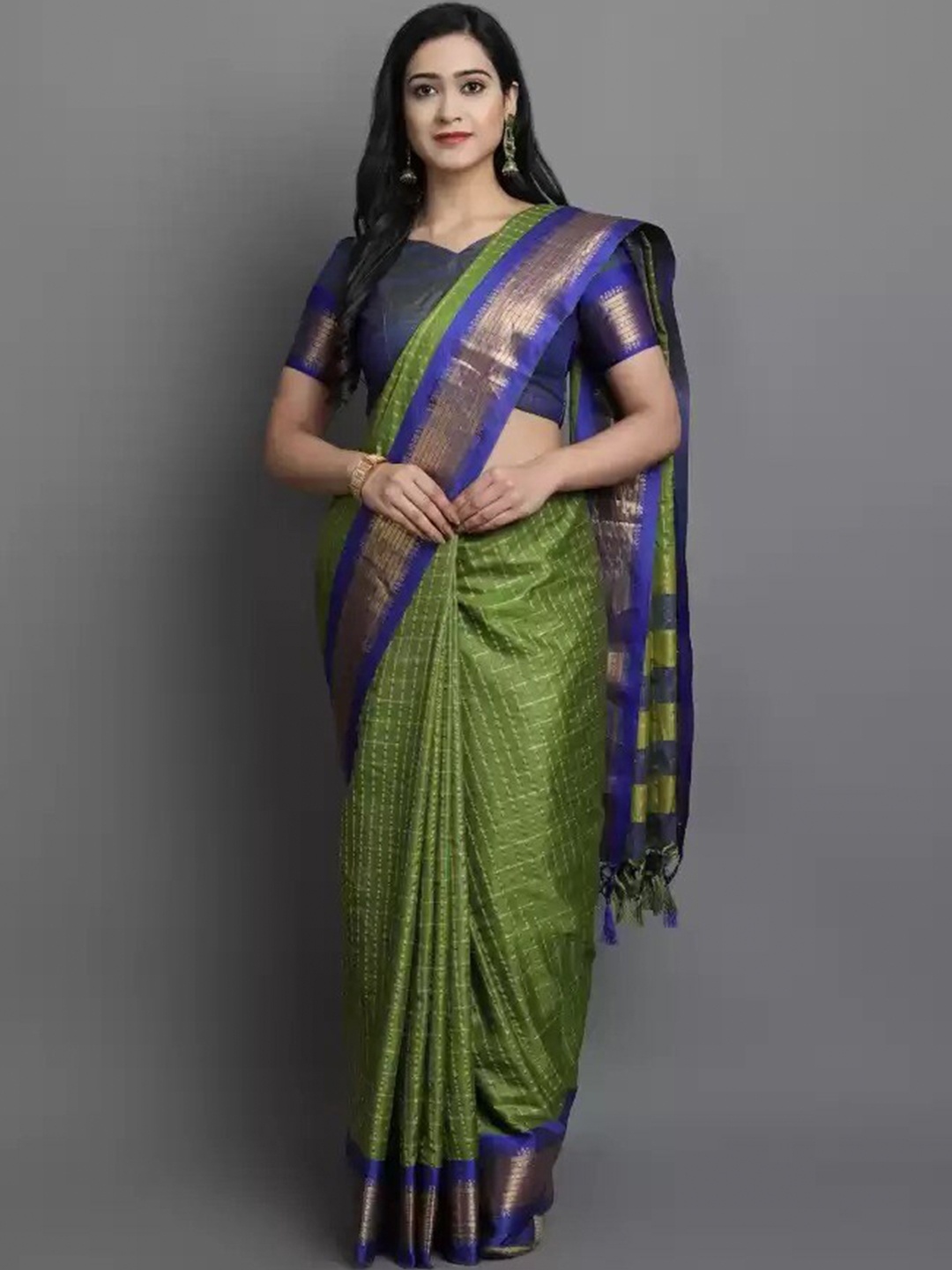 

ZEEPKART Checked Kanjeevaram Saree, Green
