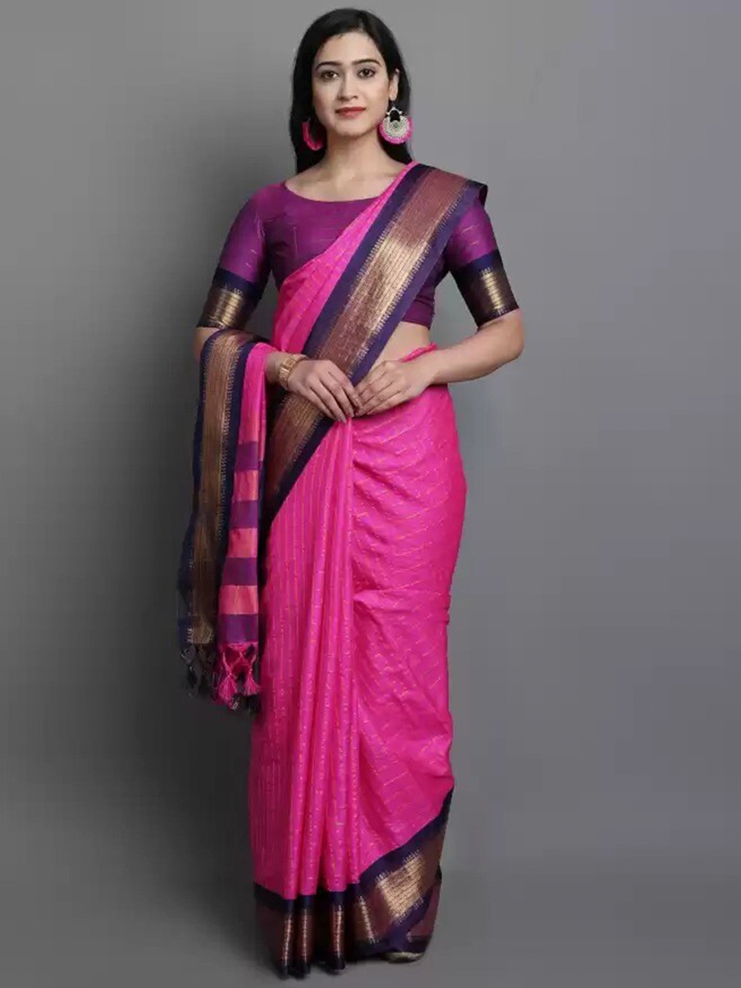 

ZEEPKART Checked Kanjeevaram Saree, Pink