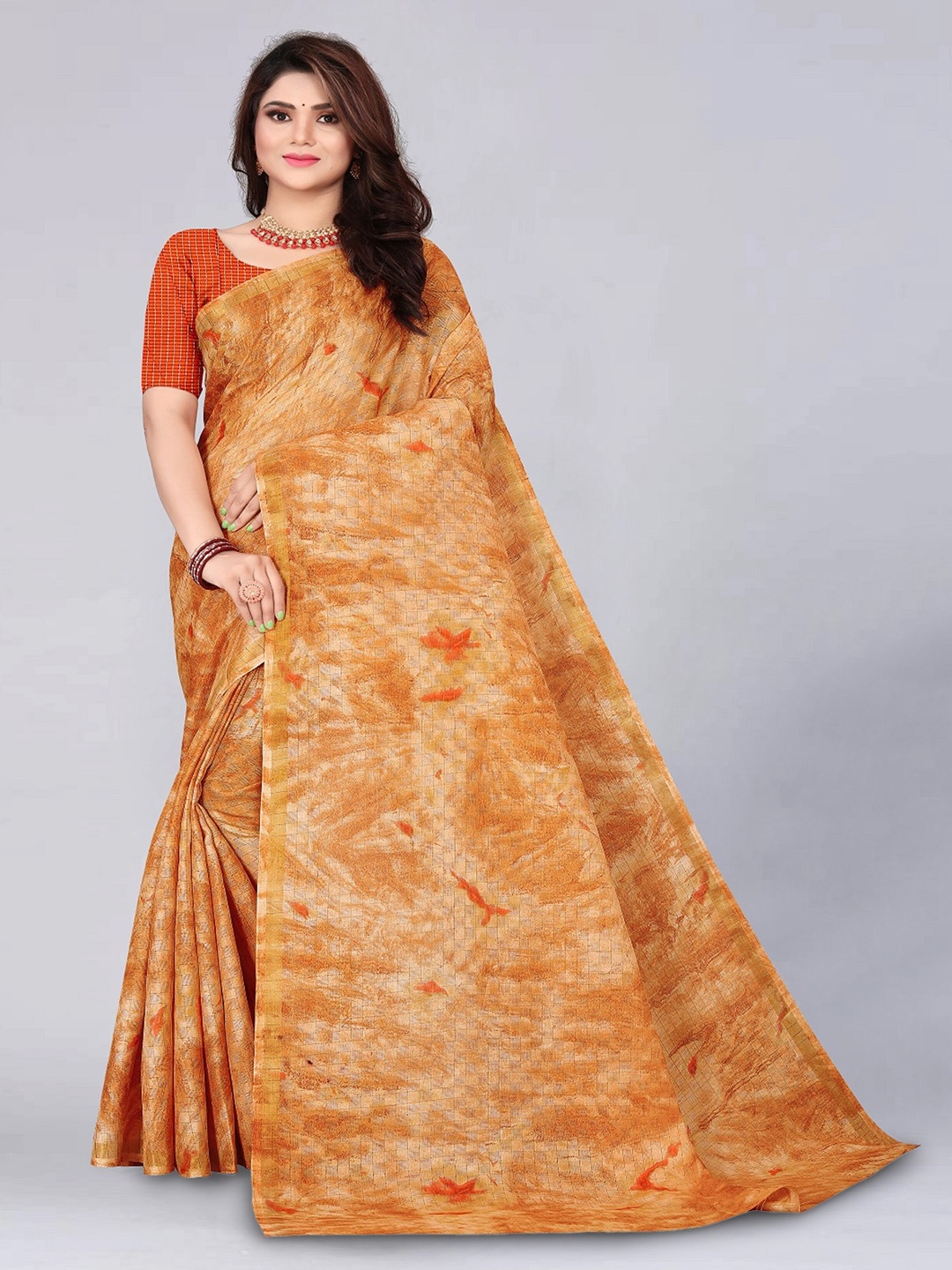 

ZEEPKART Tie & Dye & Checked Saree, Orange