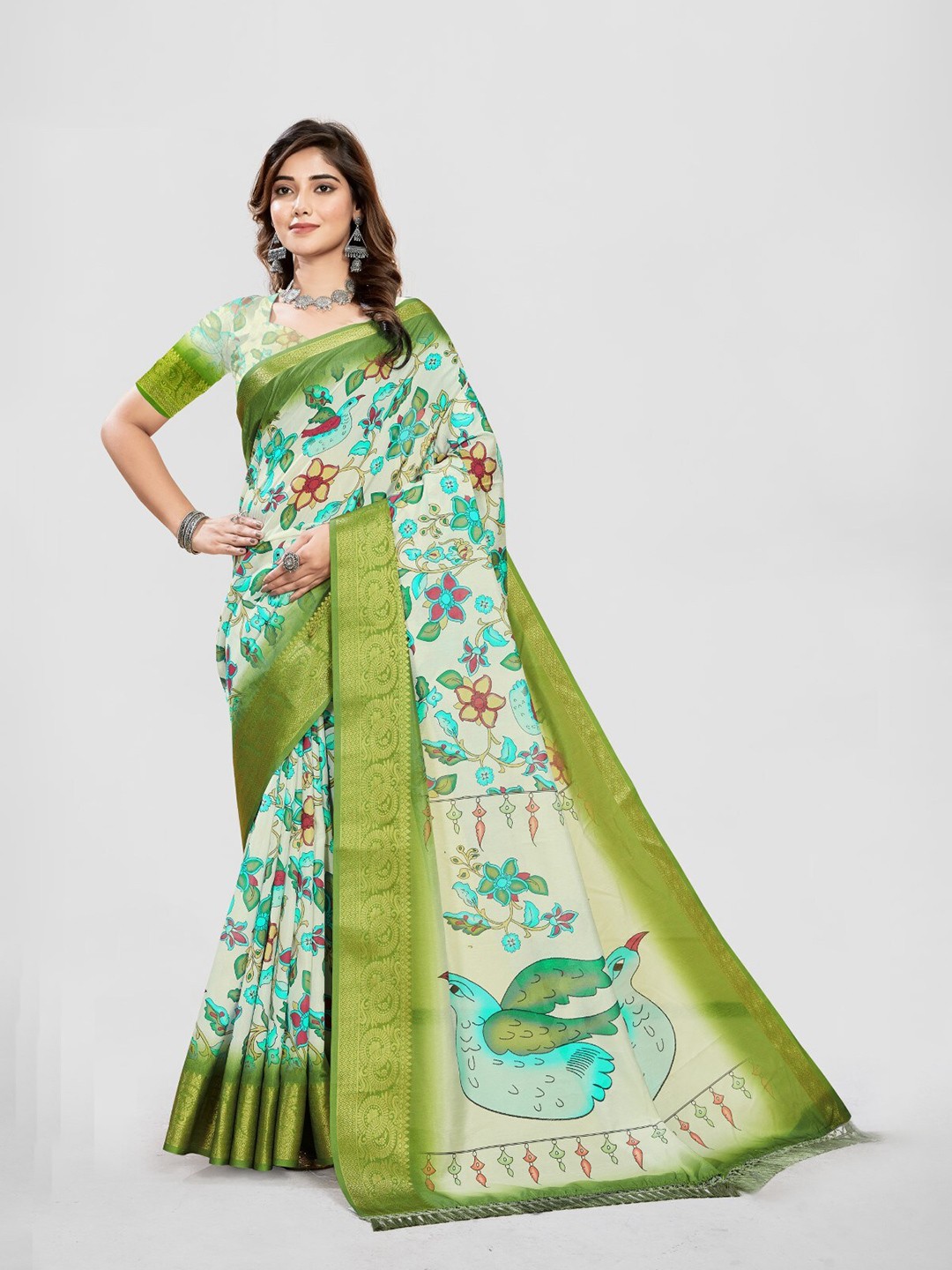 

ZEEPKART Kalamkari Woven Design Saree, Green