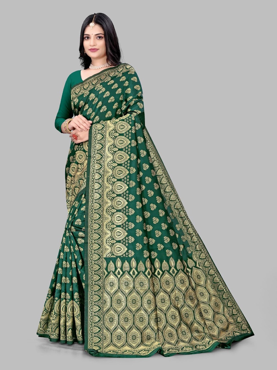 

ZEEPKART Ethnic Motifs Woven Design Kanjeevaram Saree, Green