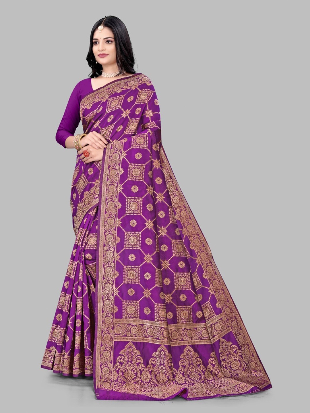 

ZEEPKART Ethnic Motifs Woven Design Kanjeevaram Saree, Purple