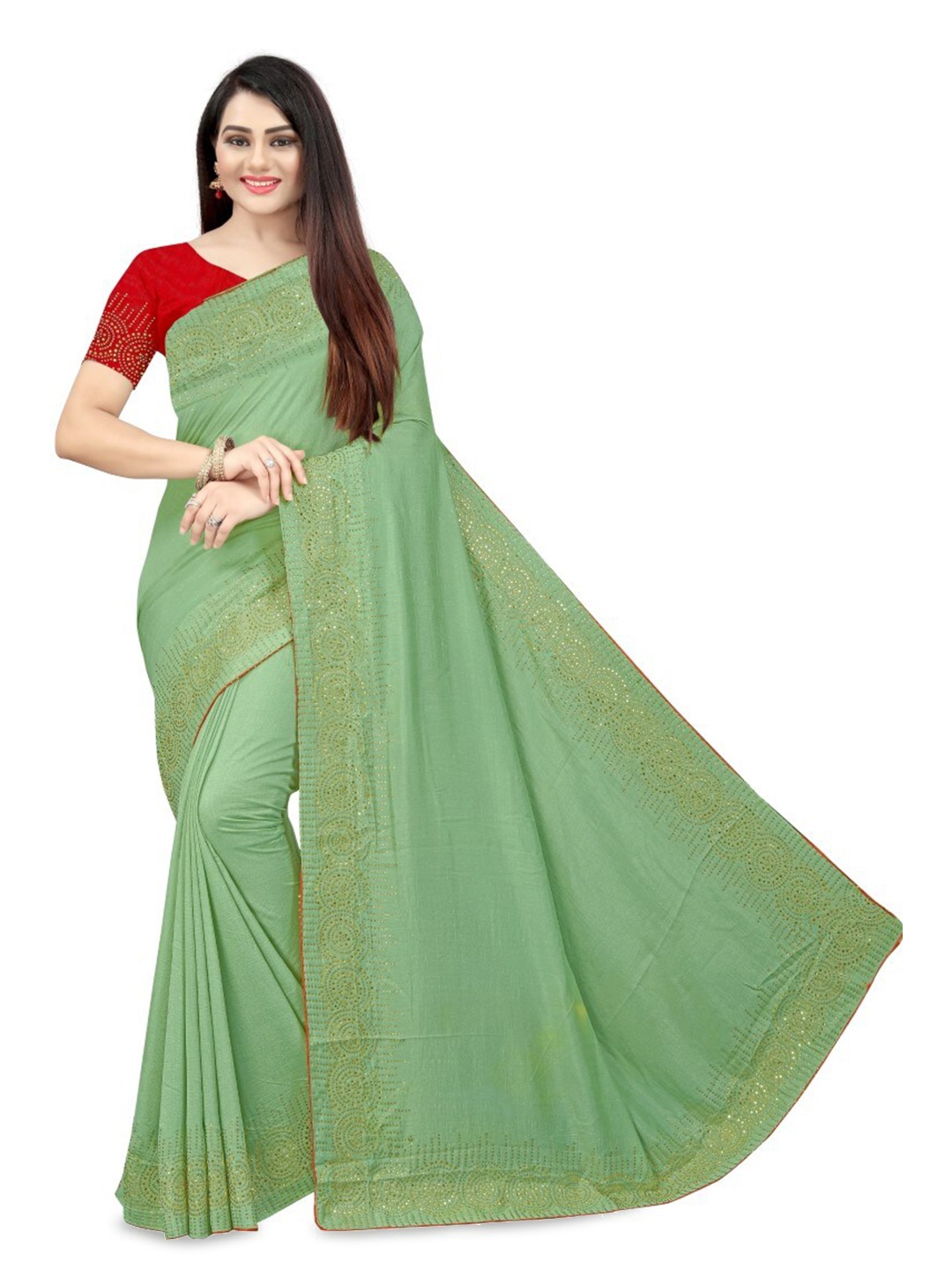 

PUNYATHA CREATION Embellished Beads and Stones Saree, Green