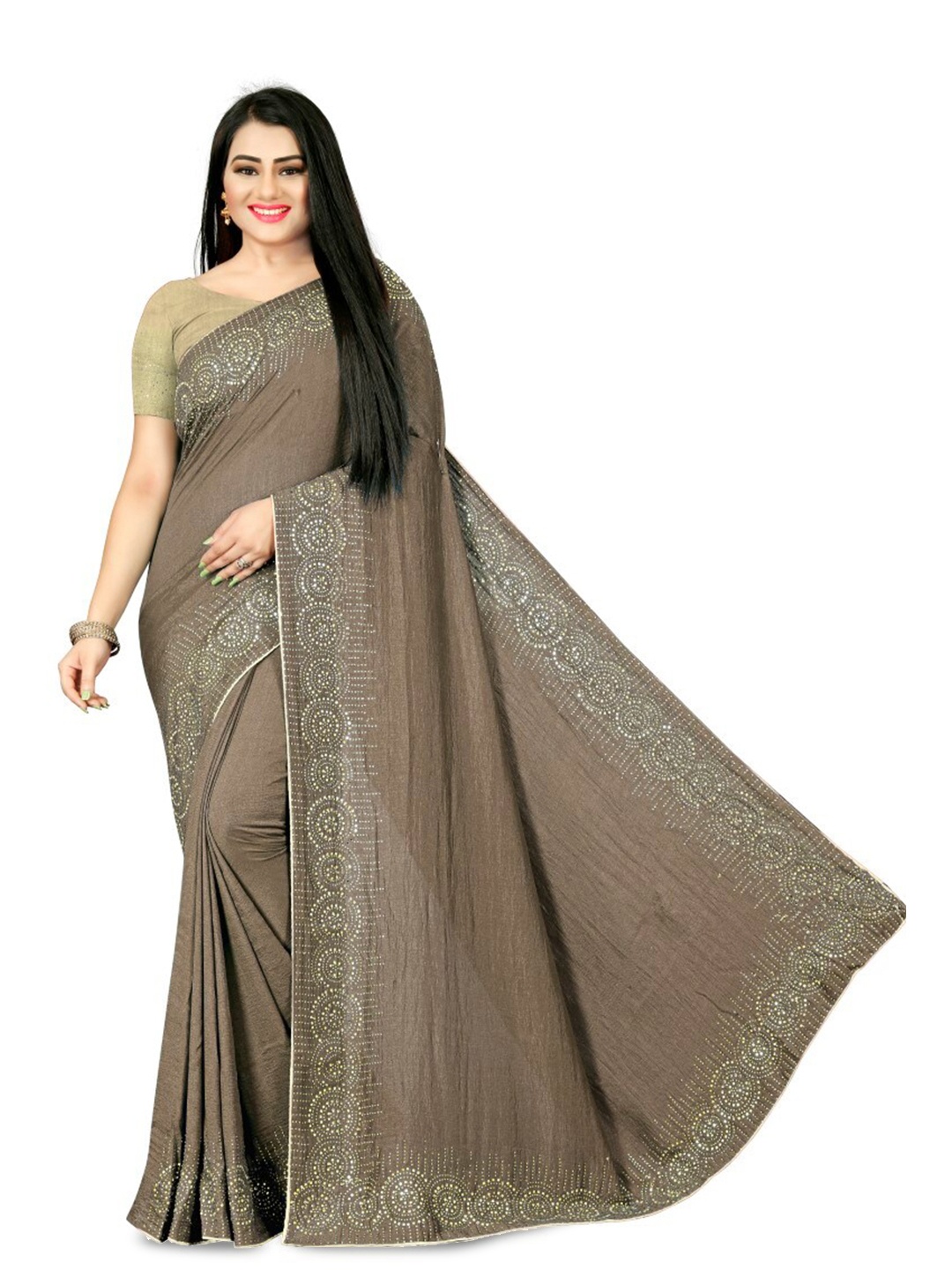 

PUNYATHA CREATION Embellished Beads and Stones Saree, Coffee brown