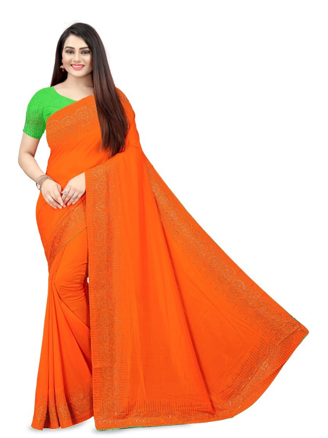

PUNYATHA CREATION Embellished Beads and Stones Saree, Orange
