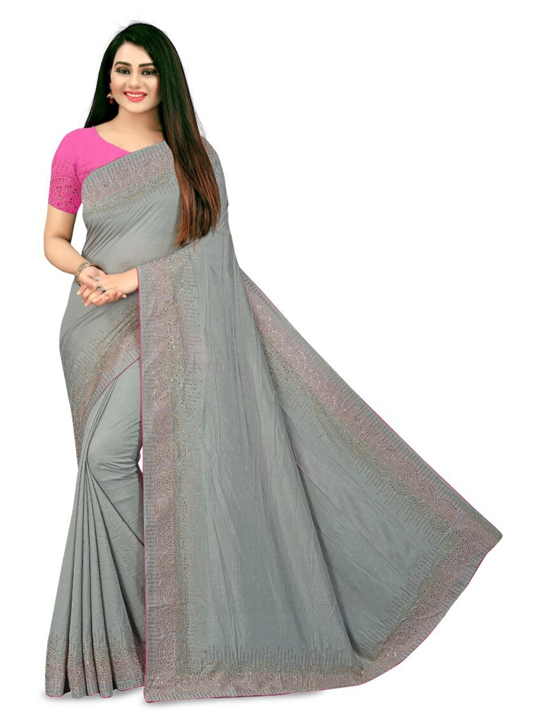 

PUNYATHA CREATION Embellished Beads and Stones Saree, Grey