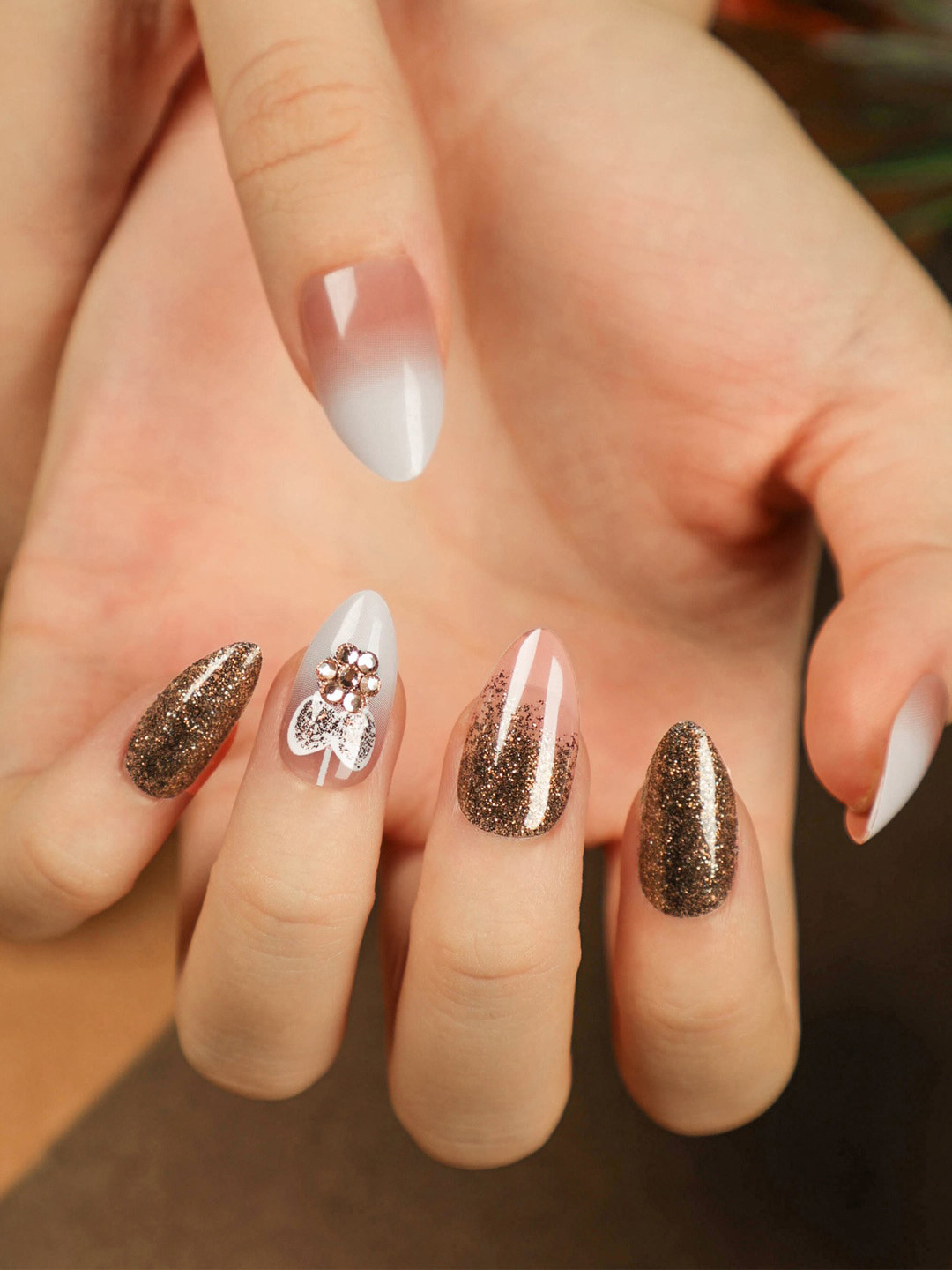 

Secret Lives Set Of 24 Dark Glitter With 3D Stones Artificial Nails, Brown