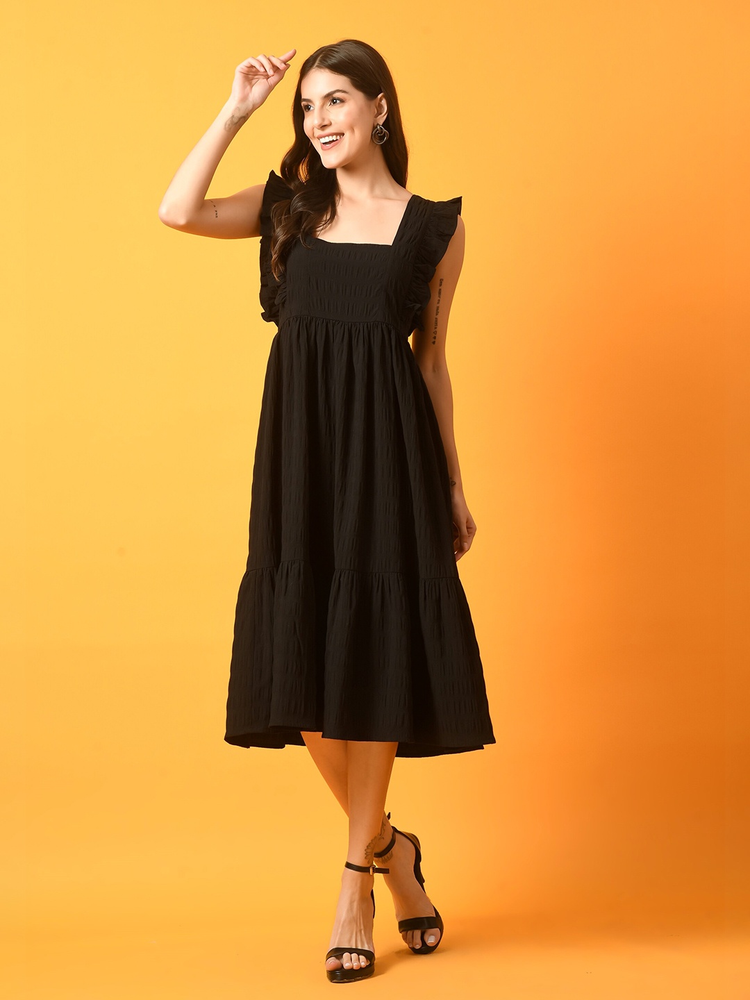 

PANDORNA Square Neck Flutter Sleeve A-Line Dress, Black