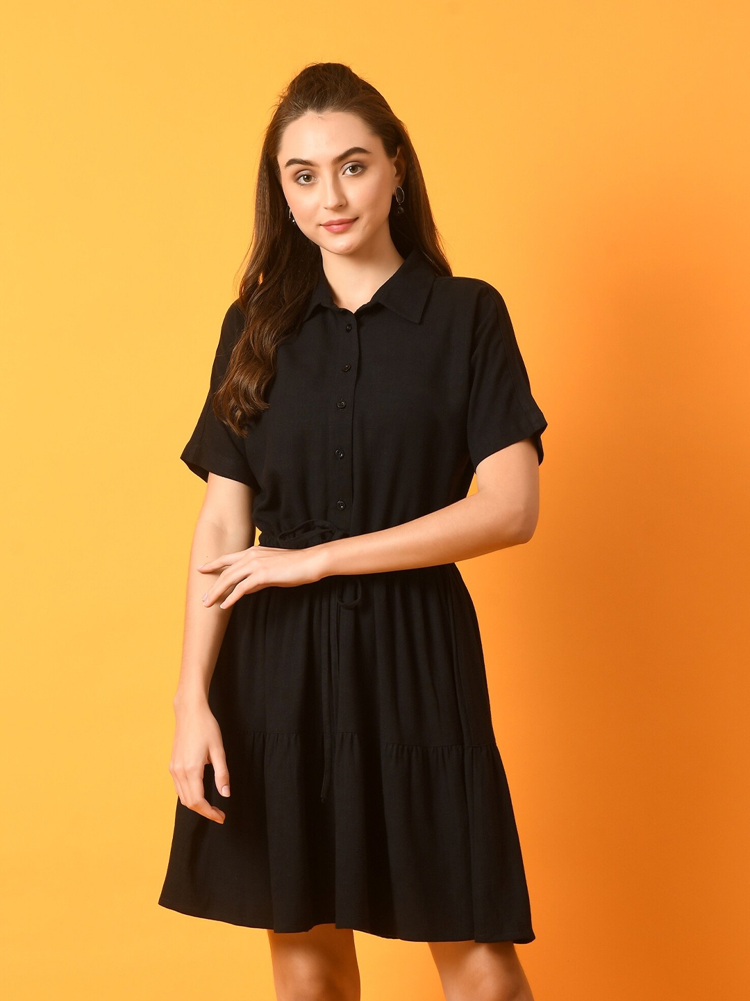

PANDORNA Shirt Collar Tie Up Fit & Flare Dress, Black