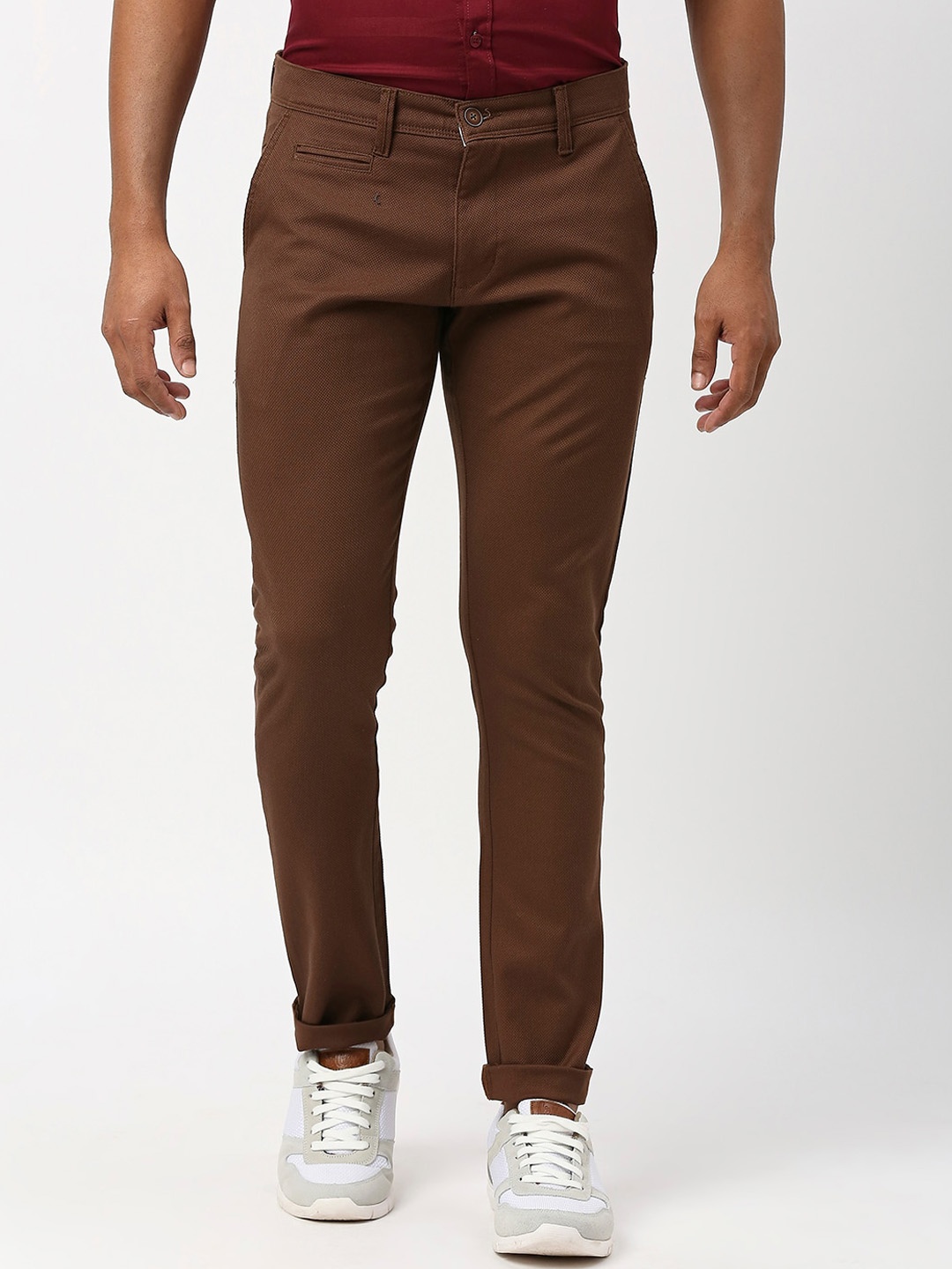

USMC Men Self Design Comfort Slim Fit Easy Wash Cotton Chinos Trousers, Brown