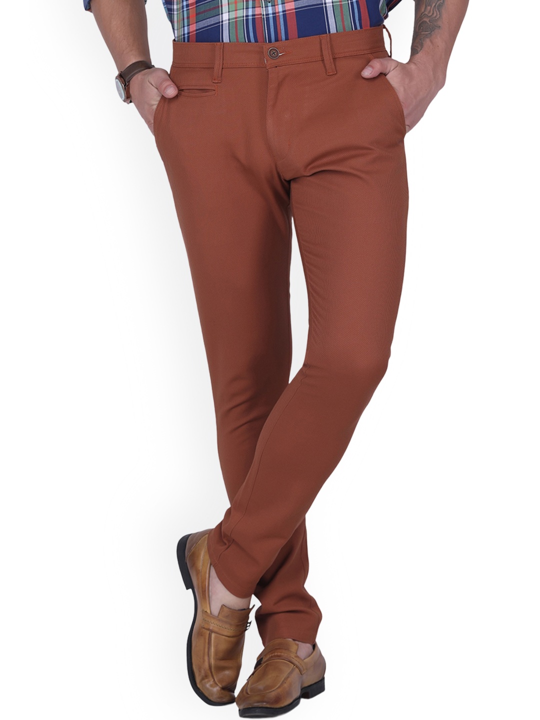 

USMC Men Self Design Comfort Slim Fit Easy Wash Cotton Chinos Trousers, Brown