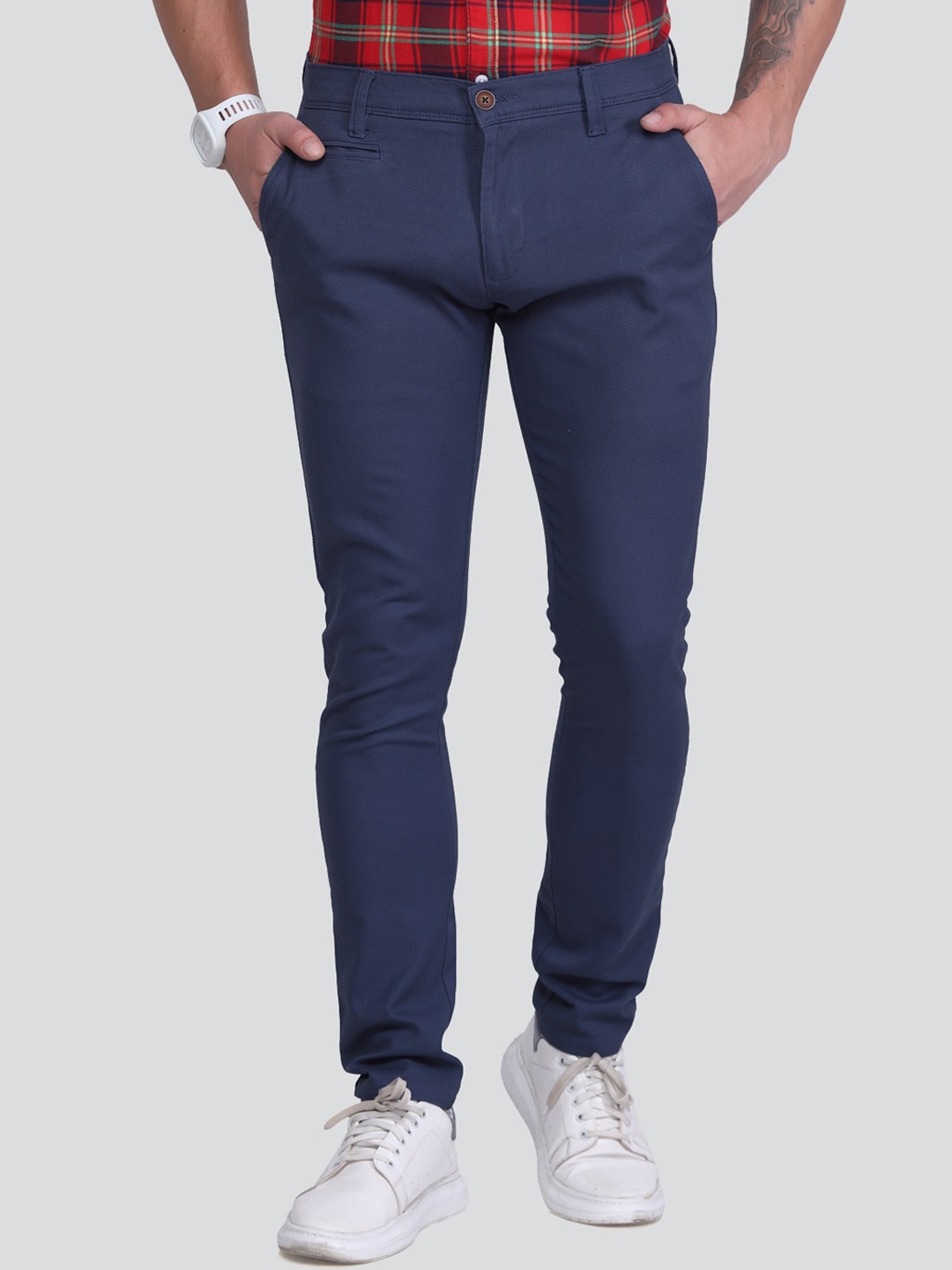 

USMC Men Self Design Comfort Slim Fit Easy Wash Cotton Chinos Trousers, Blue