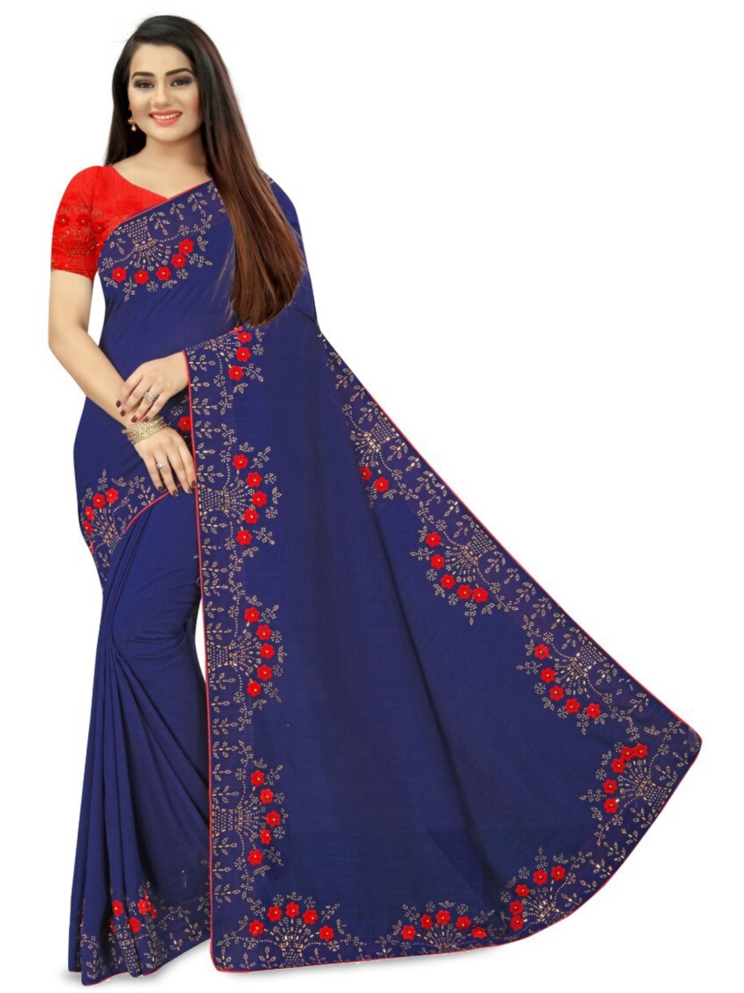 

PUNYATHA CREATION Embroidered Beads and Stones Saree, Navy blue