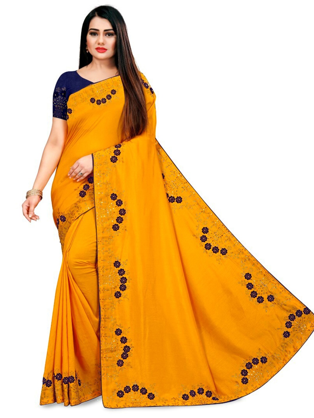 

PUNYATHA CREATION Embroidered Beads and Stones Saree, Mustard