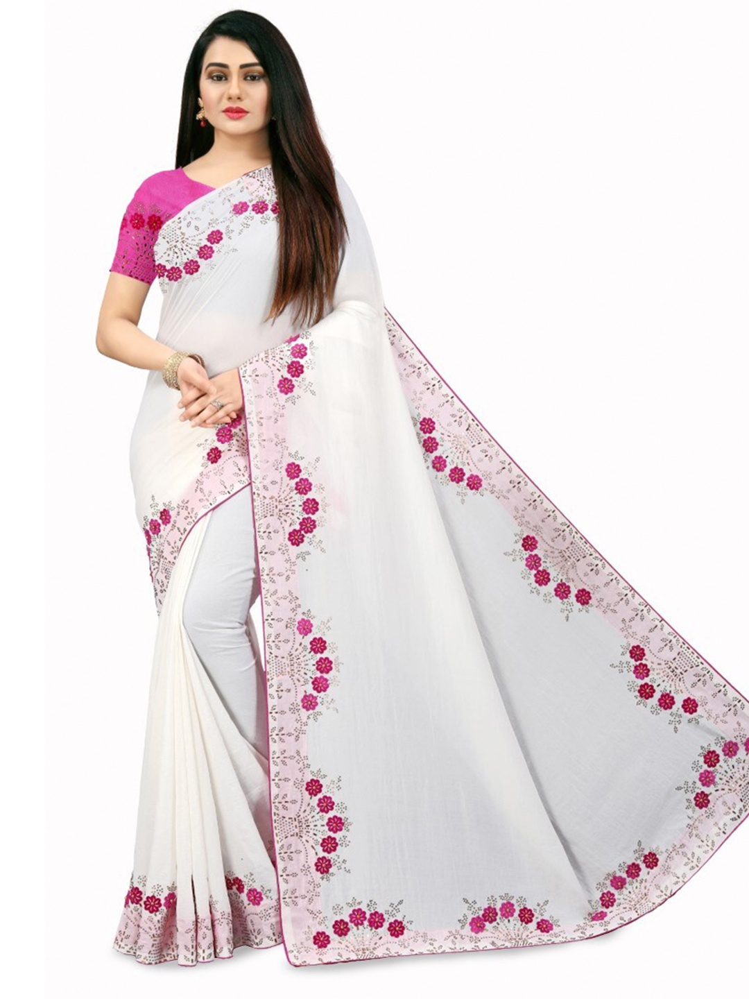 

PUNYATHA CREATION Embroidered Beads and Stones Saree, White