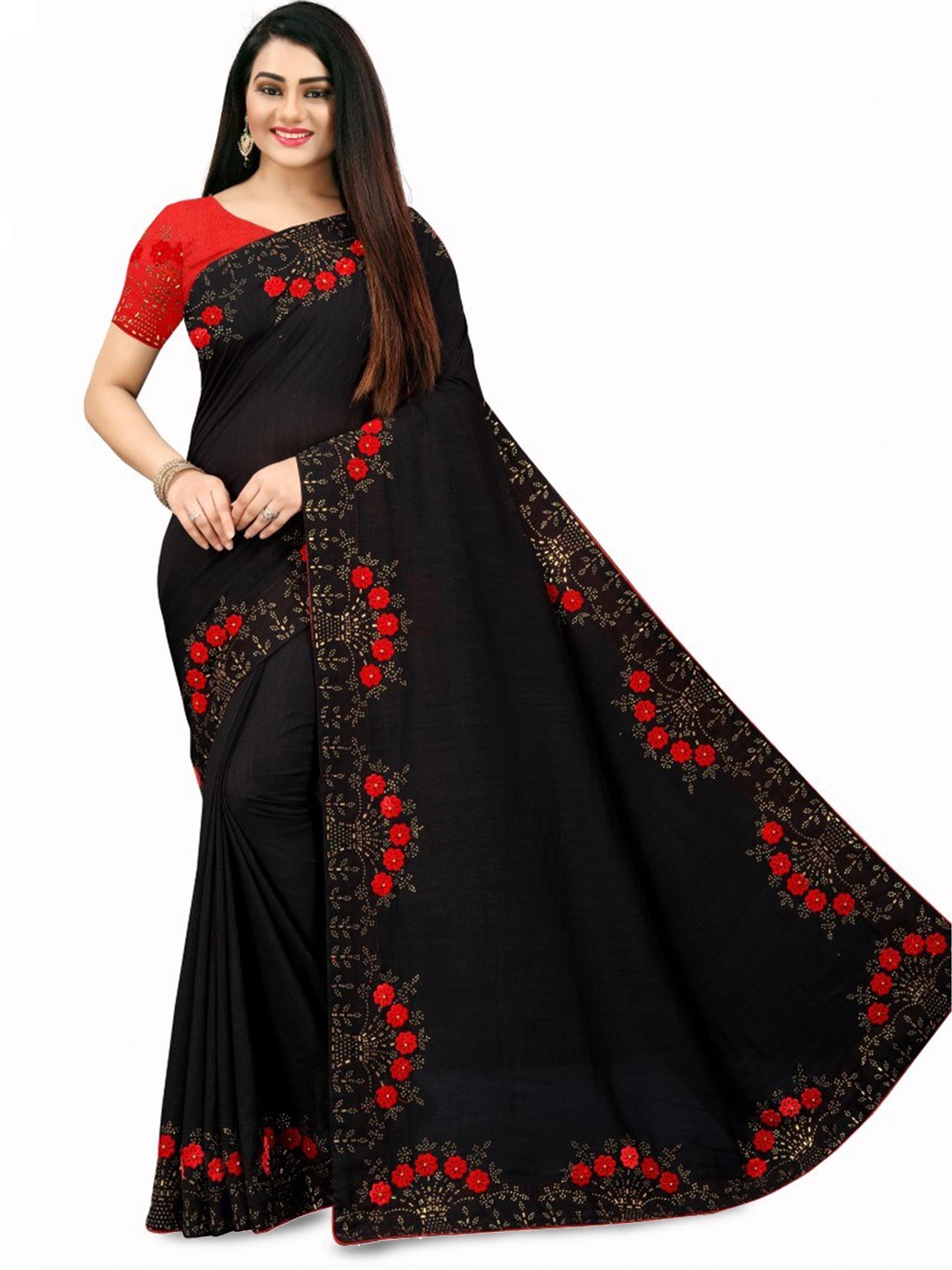 

PUNYATHA CREATION Embroidered Beads and Stones Saree, Black