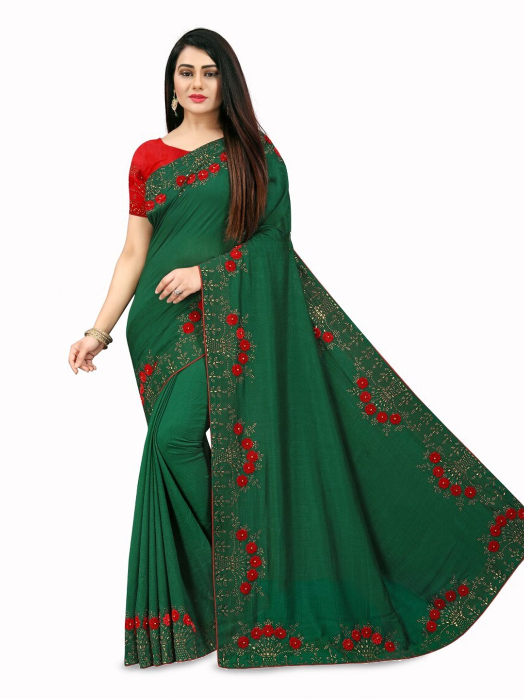 

PUNYATHA CREATION Embroidered Beads and Stones Saree, Green