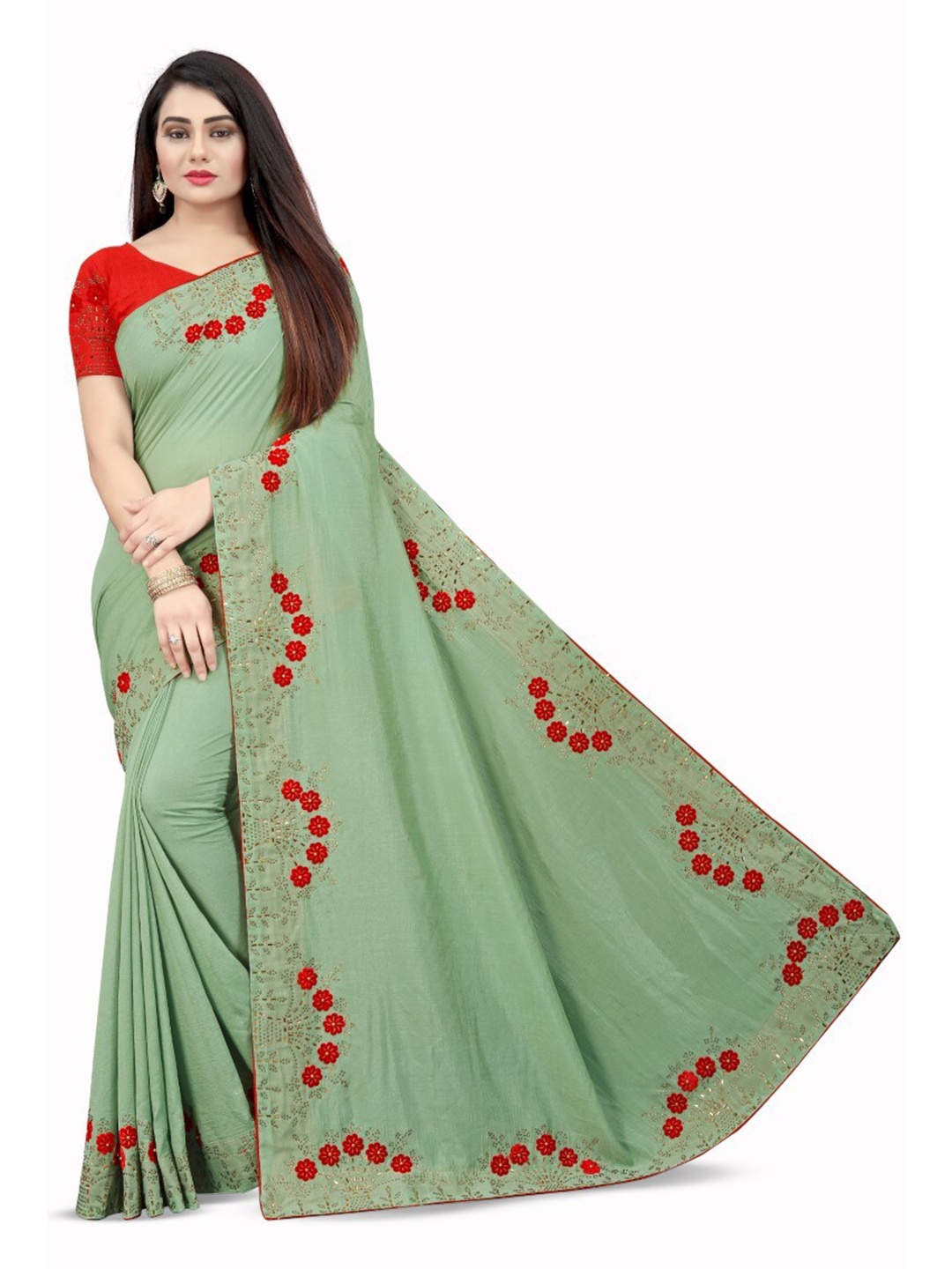 

PUNYATHA CREATION Floral Embroidered Beads & Stones Saree, Olive