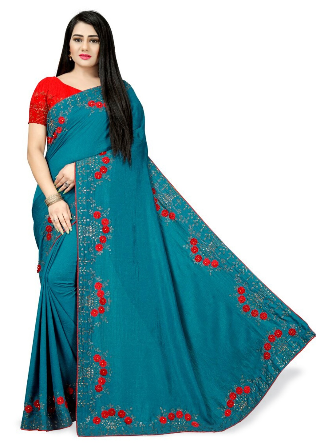 

PUNYATHA CREATION Embroidered Beads and Stones Saree, Teal