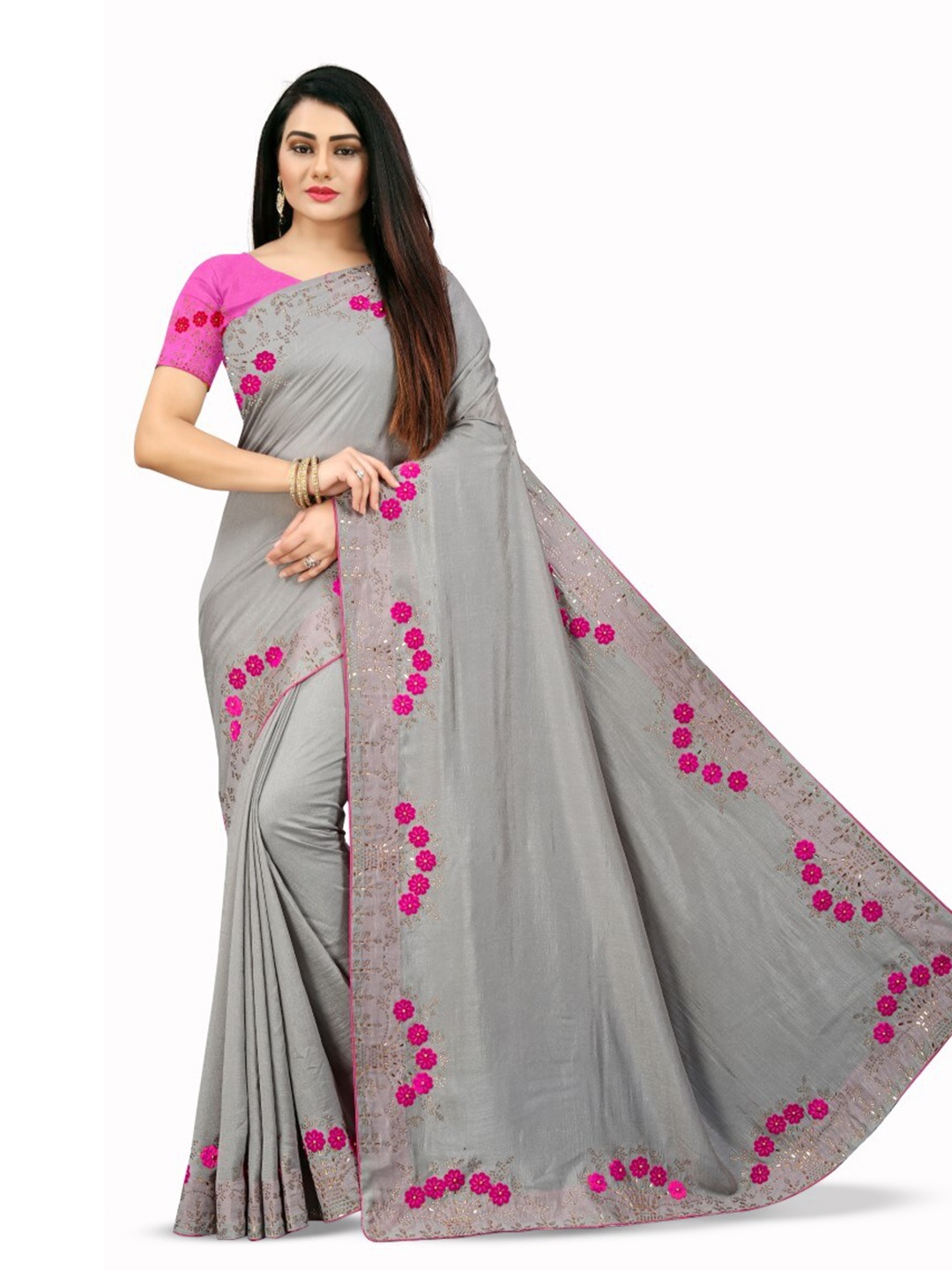

PUNYATHA CREATION Floral Embroidered Paithani Saree, Grey