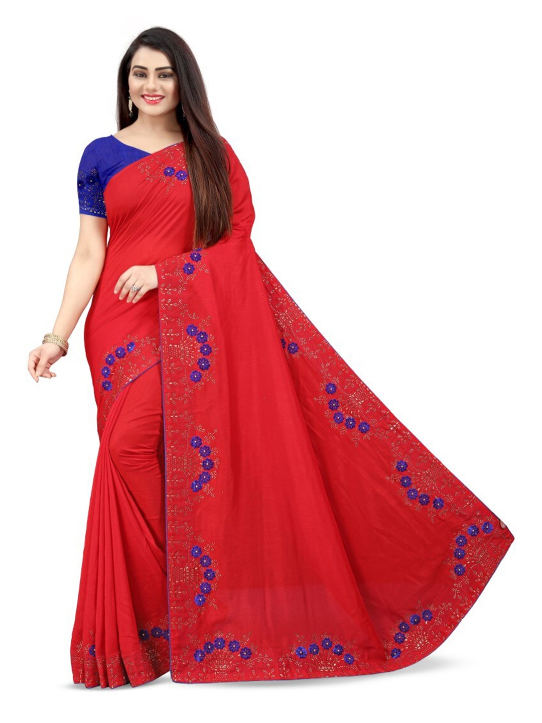 

PUNYATHA CREATION Embroidered Beads and Stones Saree, Red