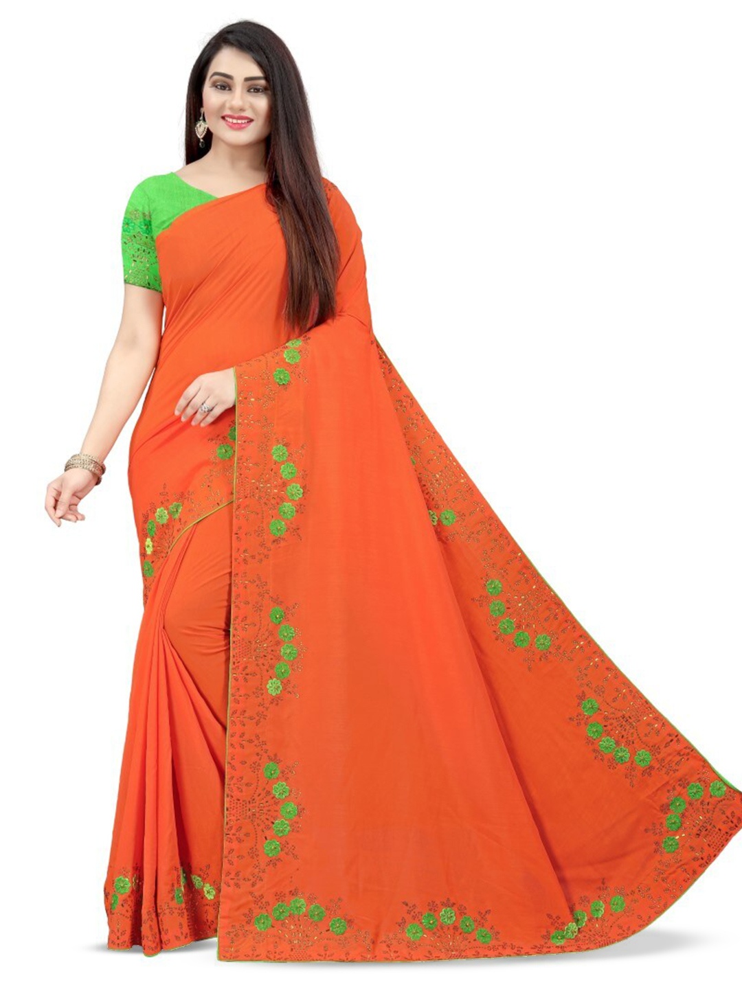 

PUNYATHA CREATION Floral Embroidered Paithani Saree, Orange