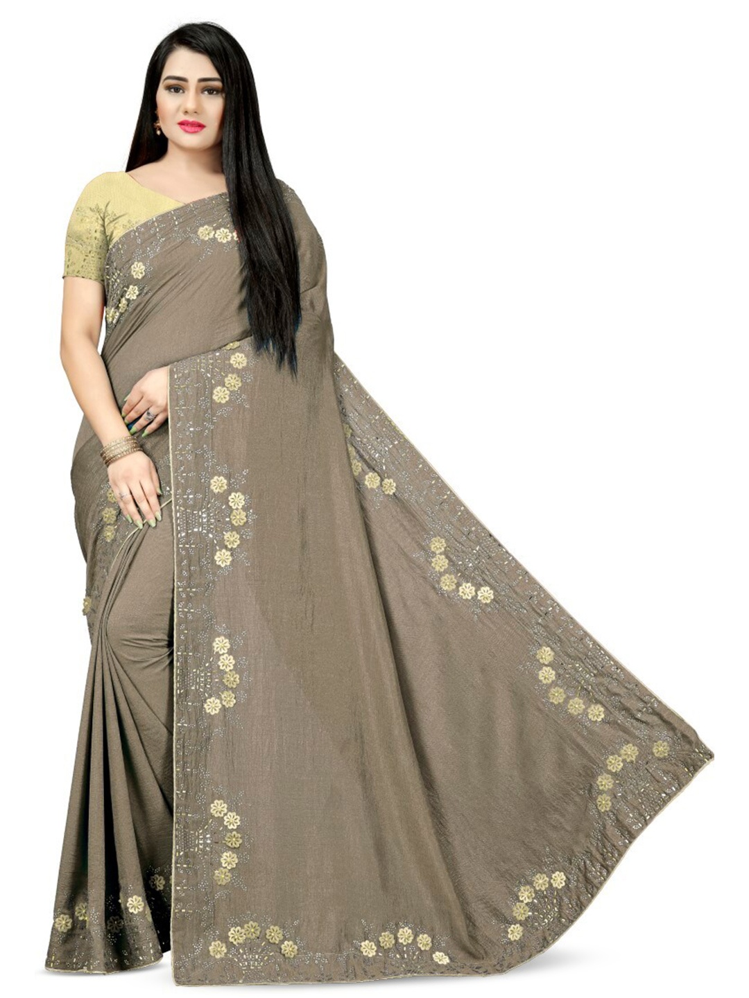 

PUNYATHA CREATION Embroidered Beads and Stones Saree, Coffee brown