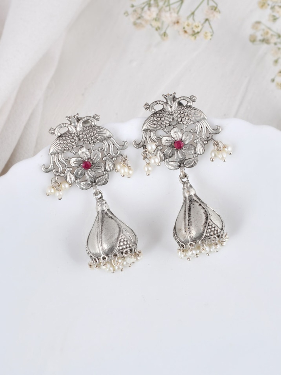 

DASTOOR Silver-Plated Stone-Studded & Beaded Silver Diamond Shaped Oxidised Jhumkas