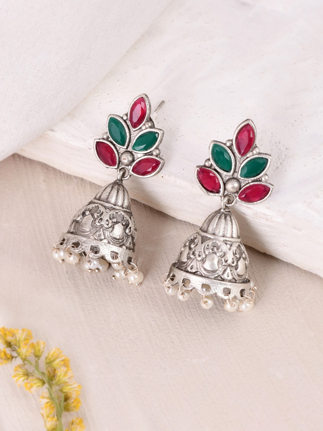 

DASTOOR Silver-Plated Contemporary Oxidised Jhumkas