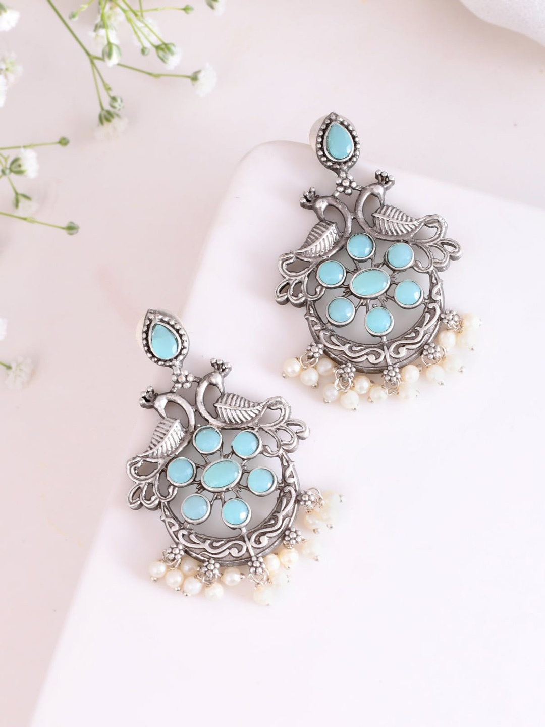 

DASTOOR Silver-Plated Artificial Stones-Studded & Beaded Oxidised Drop Earrings