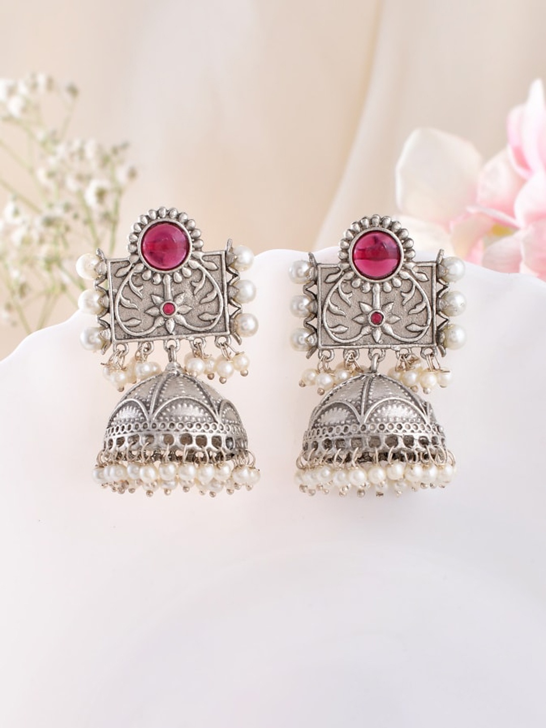 

DASTOOR Silver-Plated Stone-Studded & Beaded Silver Diamond Shaped Oxidised Jhumkas