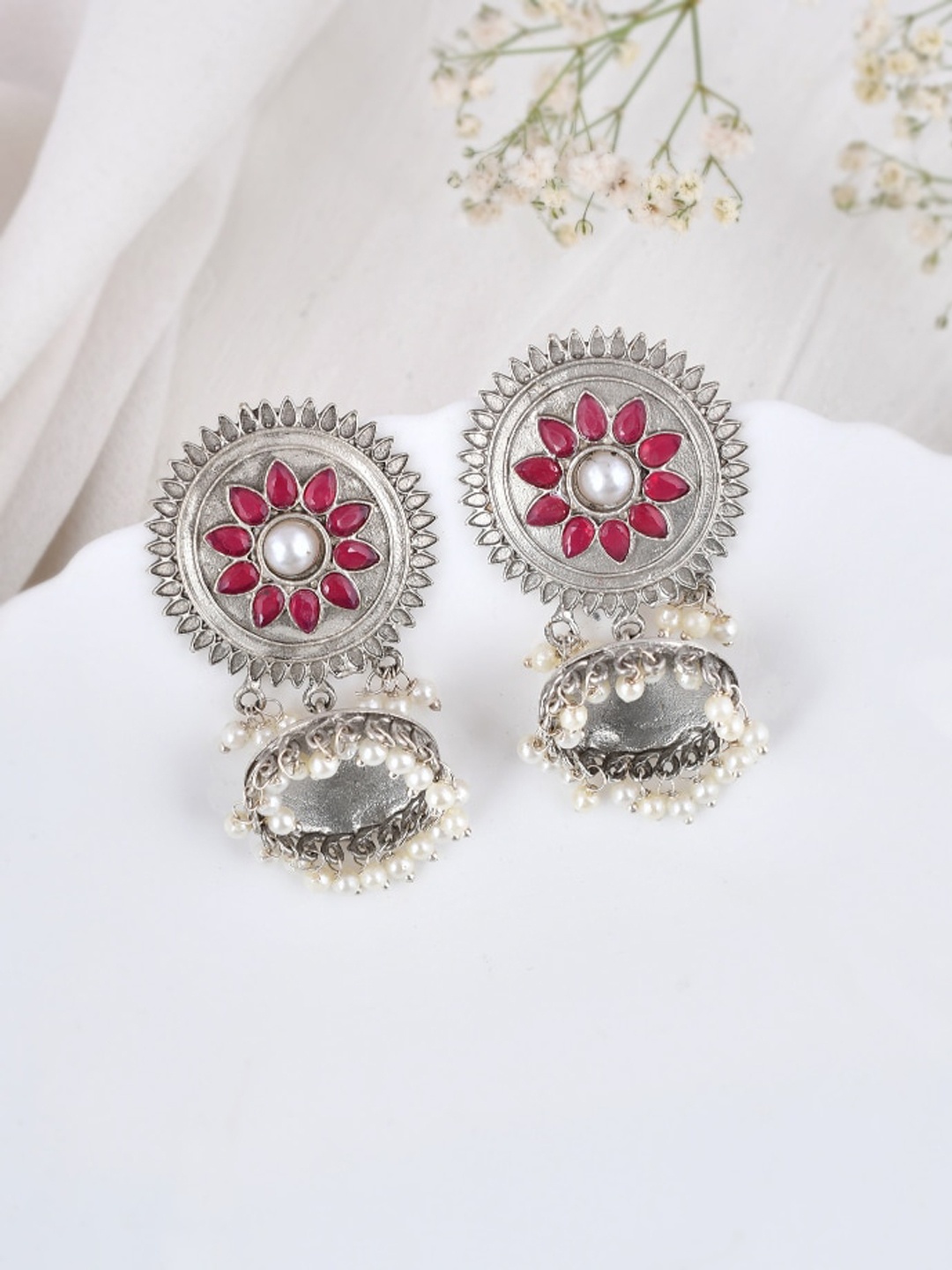 

DASTOOR Silver-Plated Artificial Stones-Studded & Beaded Oxidised Contemporary Jhumkas