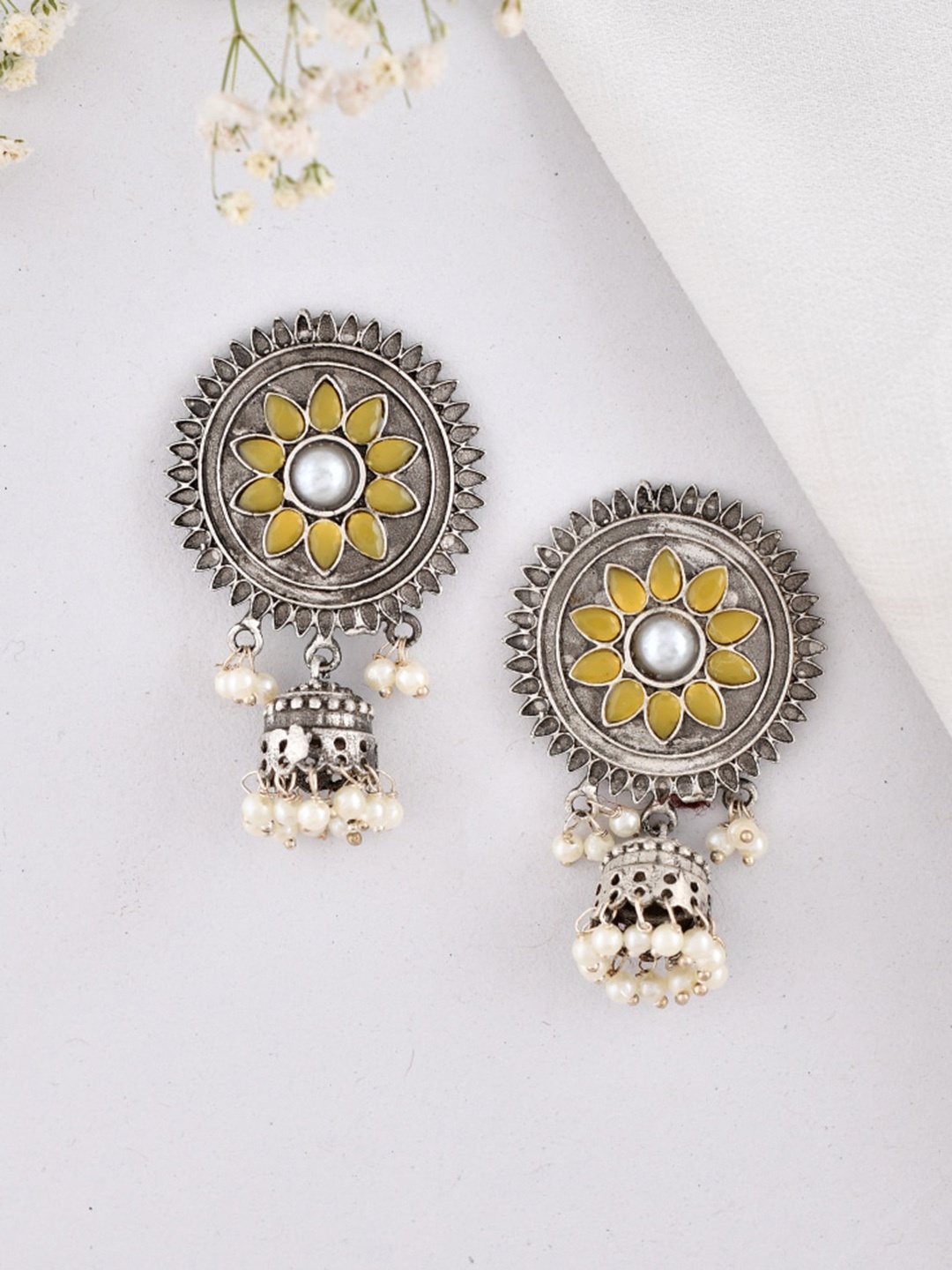 

DASTOOR Silver-Plated Stone-Studded & Beaded Silver Diamond Shaped Oxidised Jhumkas