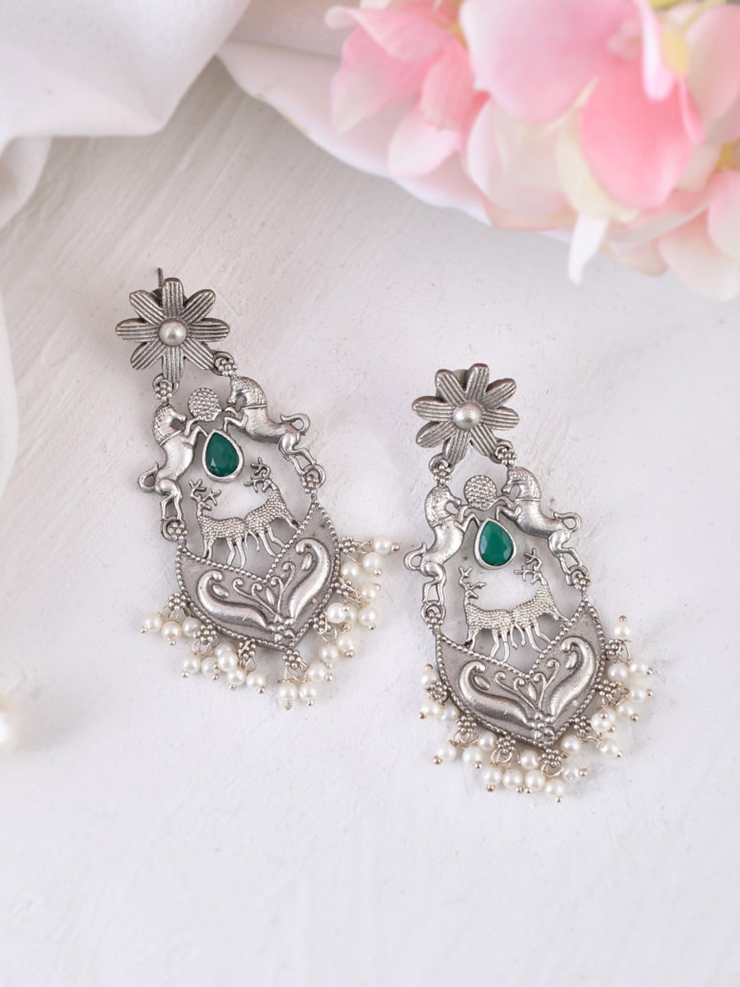 

DASTOOR Silver-Plated Stone-Studded & Beaded Silver Oxidised Contemporary Drop Earrings