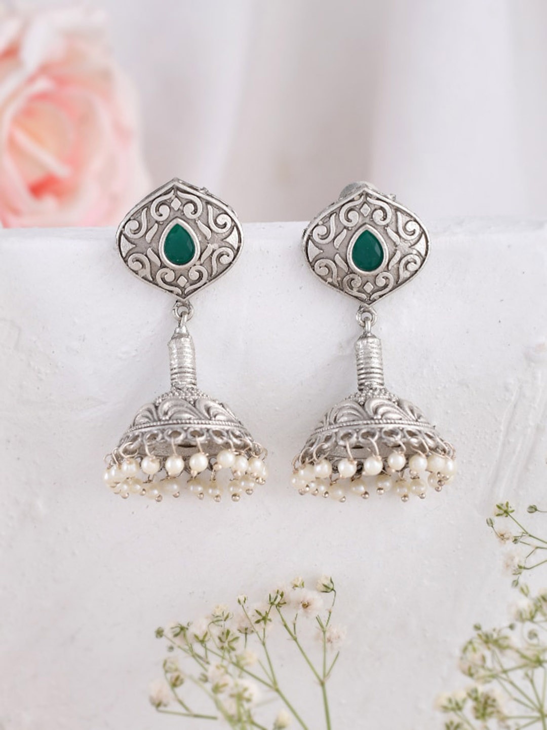 

DASTOOR Contemporary Jhumkas Earrings, Silver