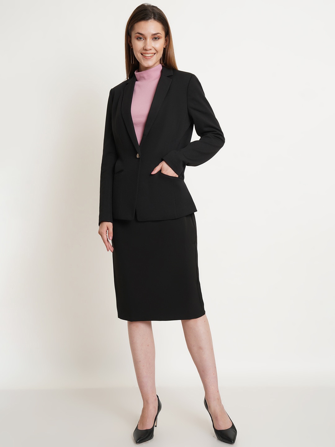 

Purple State Lapel Collar Blazer & Skirt, Black