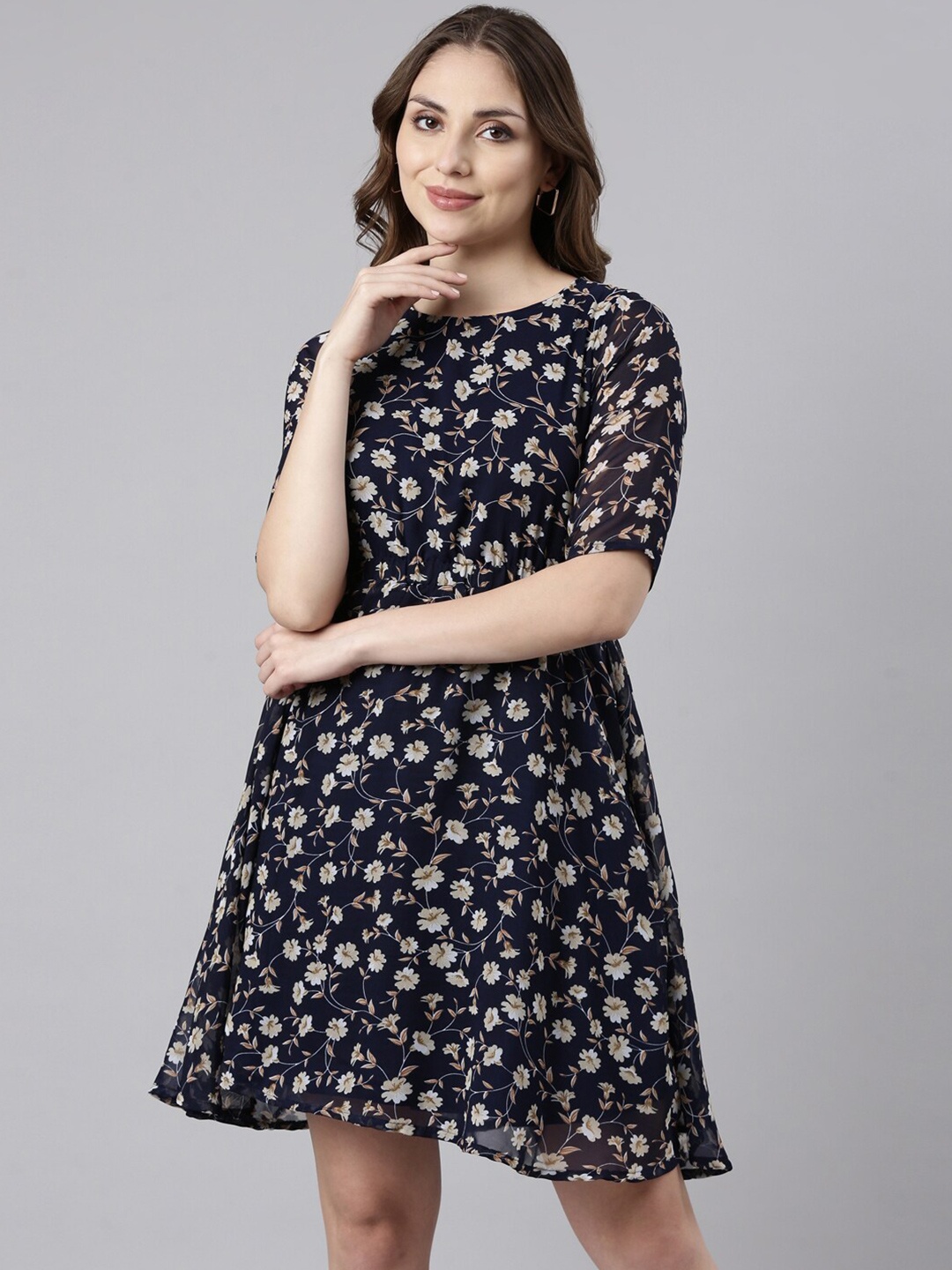 

TWIN BIRDS Floral Printed Round Neck Fit & Flare Dress, Navy blue