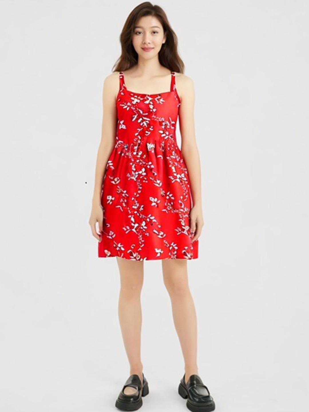 

YK Girls Floral Print Shoulder Straps Crepe Fit & Flare Dress, Red