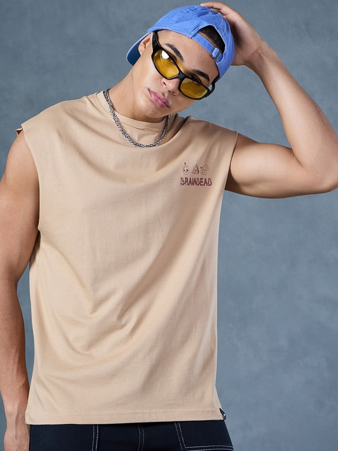 

Bewakoof Printed Cotton Sleeveless Oversized Innerwear Vests, Brown