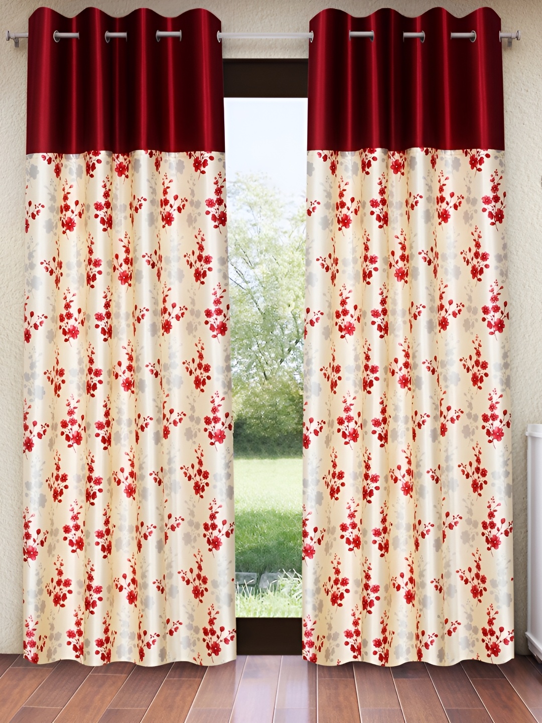 

Home Sizzler Cream & Maroon 2 Pieces Floral Door Curtain
