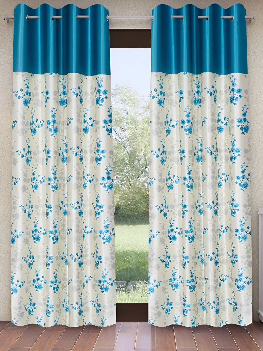 

Home Sizzler White & Blue 2 Pieces Floral Door Curtain