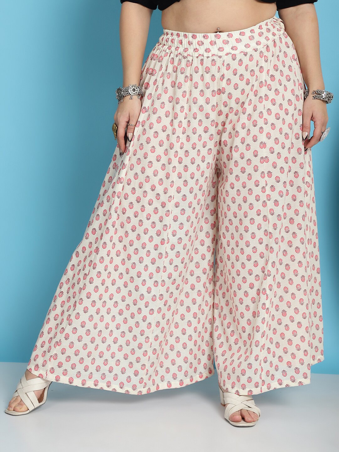 

TAG 7 Ethnic Motifs Printed Pure Cotton Flared Ethnic Palazzo, White