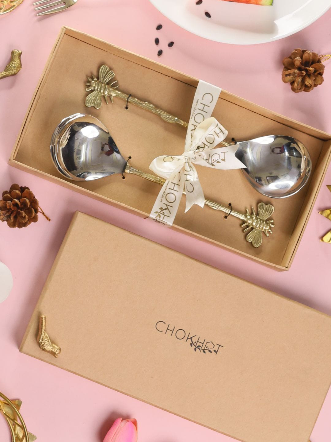 

Chokhat Gold & Silver Toned 2 Pieces Steel Bhavra Serving Spoon Set
