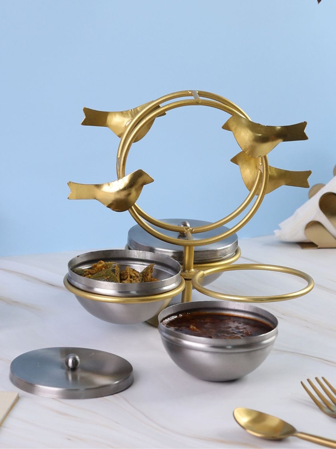 

Chokhat Steel-Toned & Gold Toned Bulbul Condiment Set