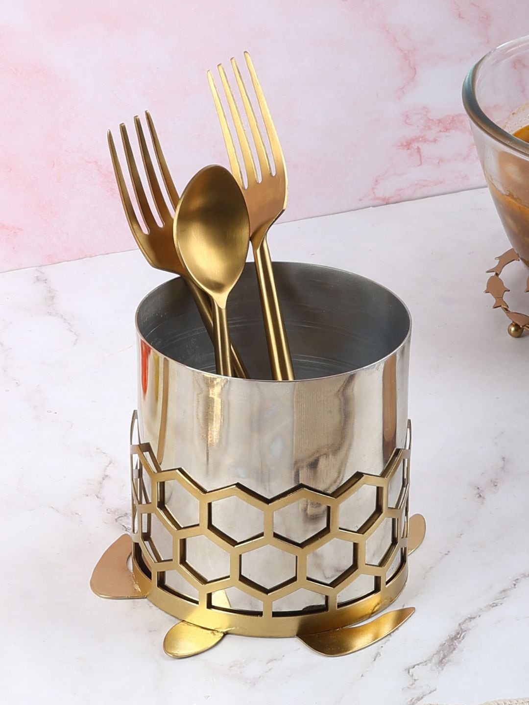 

Chokhat Gold -Toned & Steel-Toned Cutlery Holder