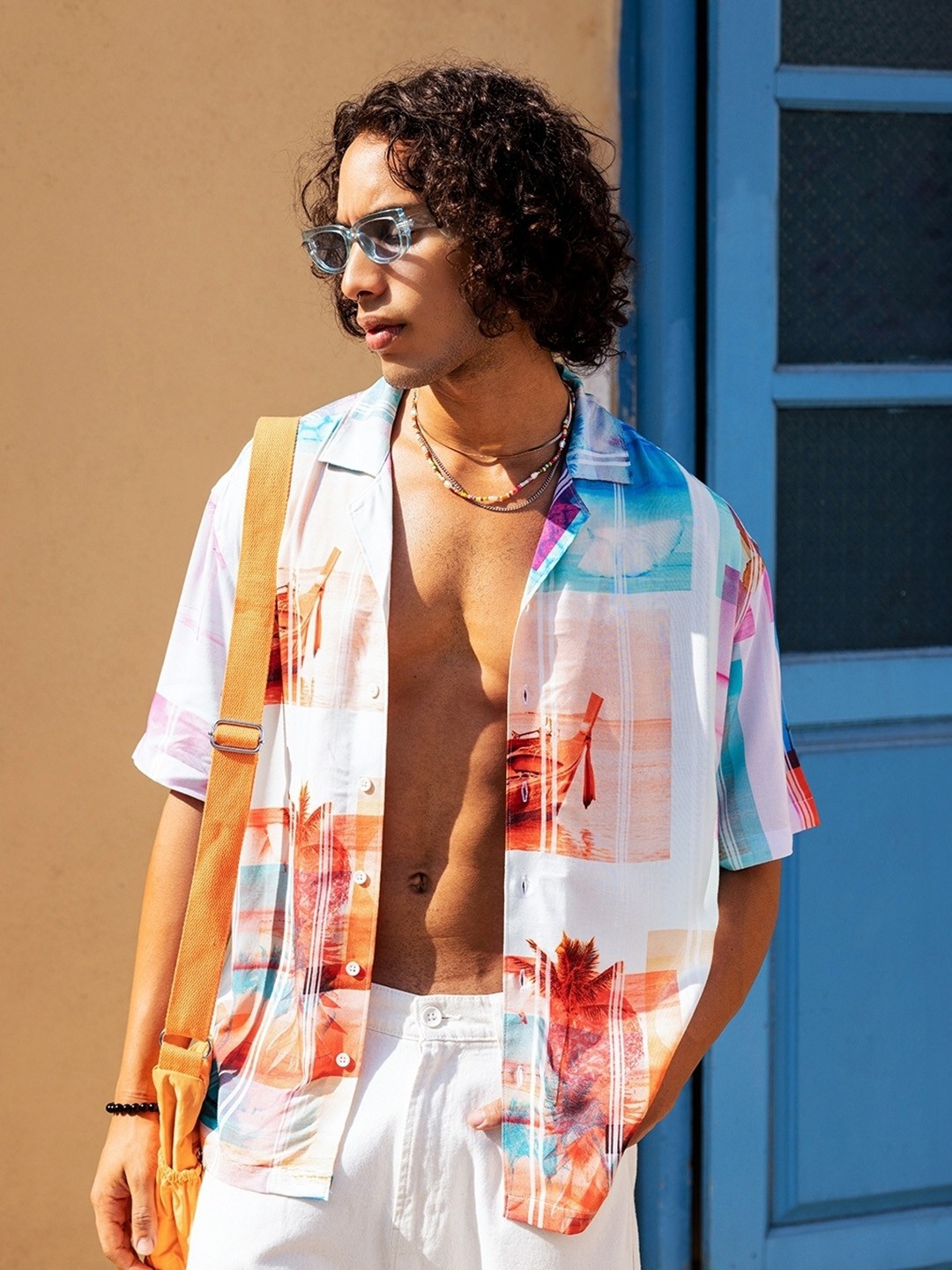 

Bewakoof Graphic Printed Cuban Collar Oversized Shirt, Blue
