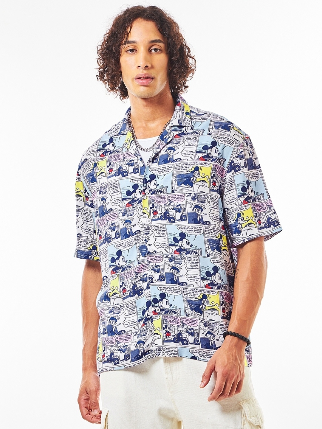 Bewakoof Mickey Mouse Graphic Printed Cuban Collar Oversized Shirt, White