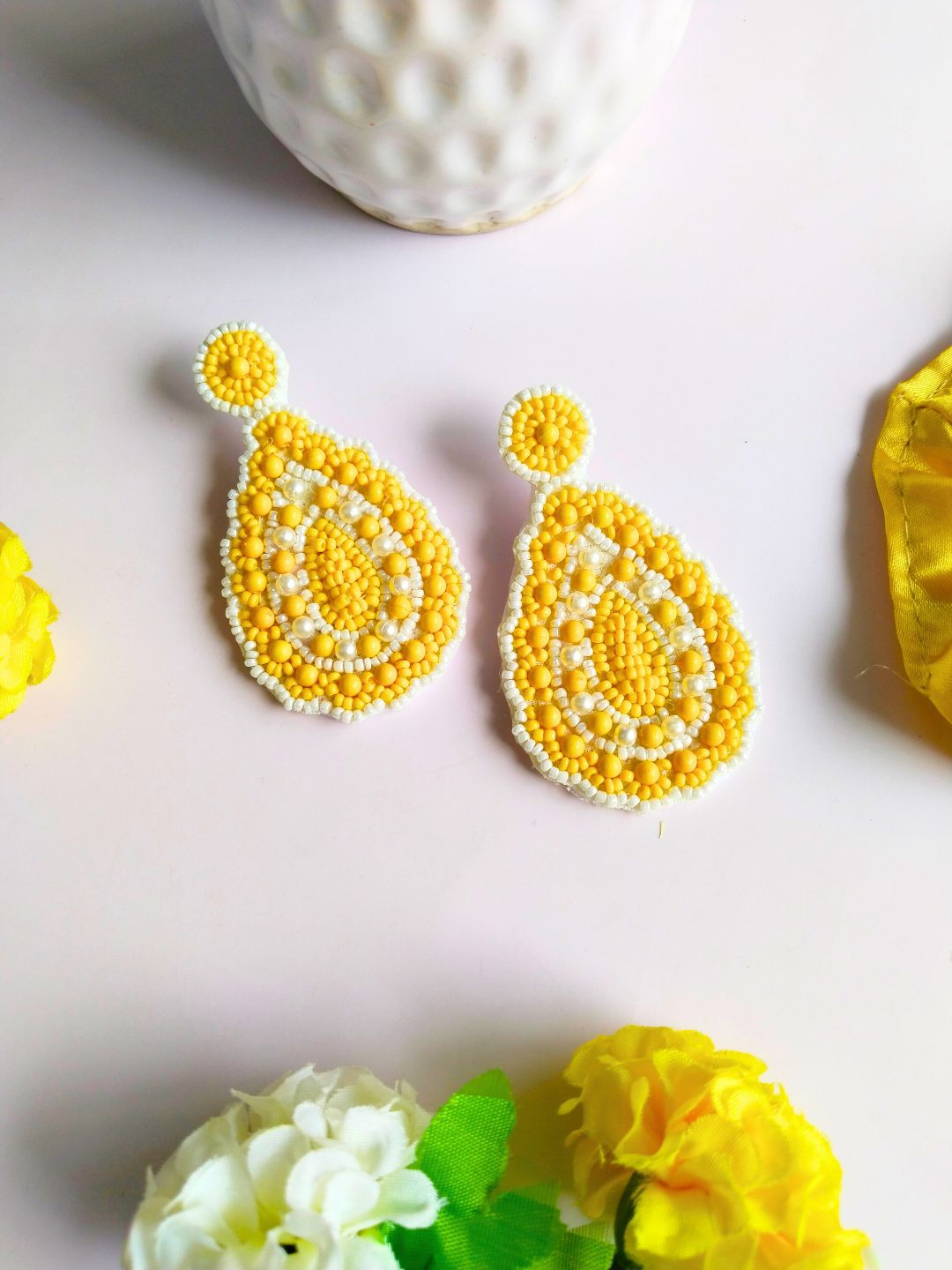 

Anouk Yellow Beaded Teardrop Shaped Drop Earrings