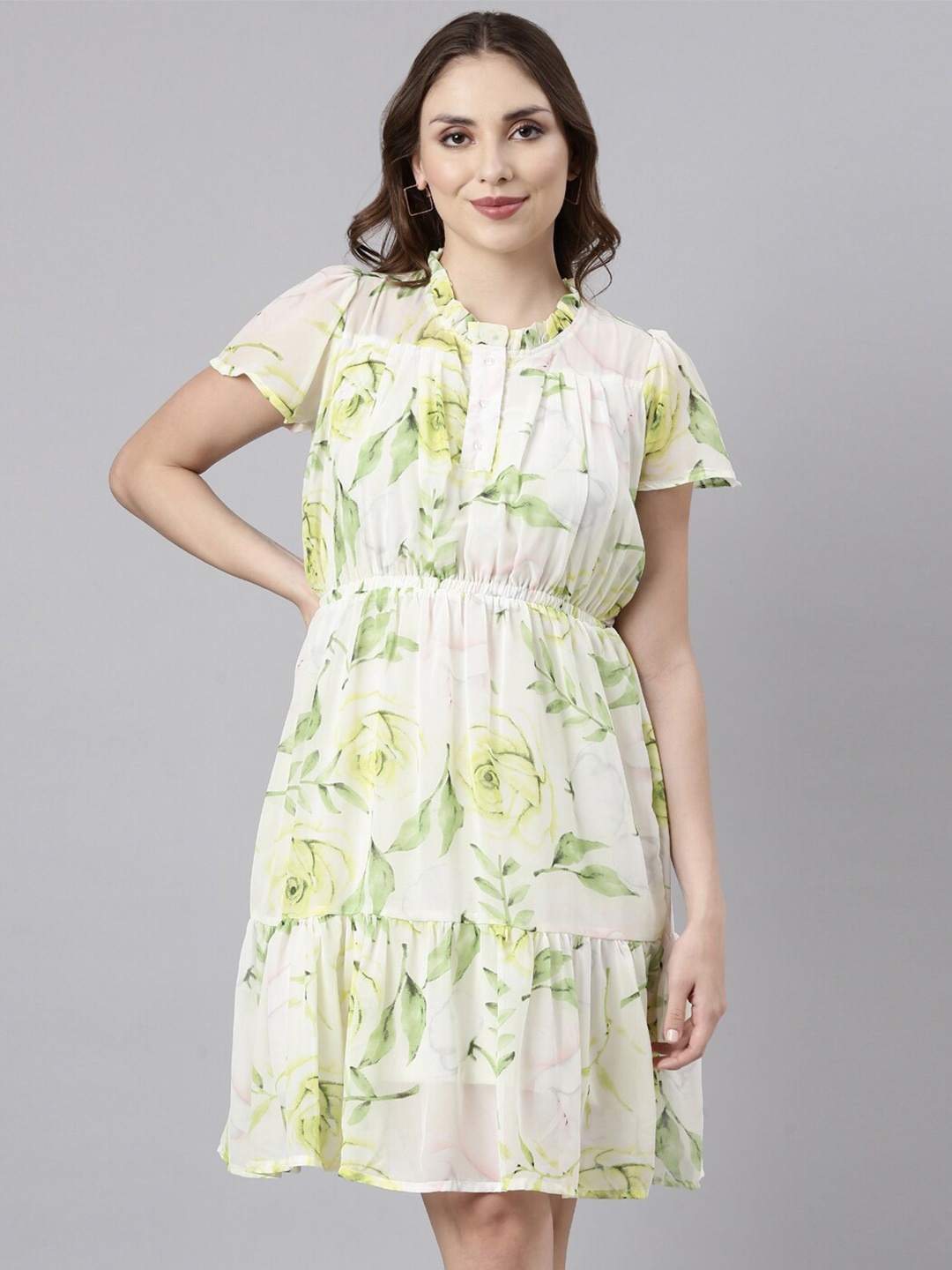 

TWIN BIRDS Floral Printed Cap Sleeves Fit & Flare Dress, White