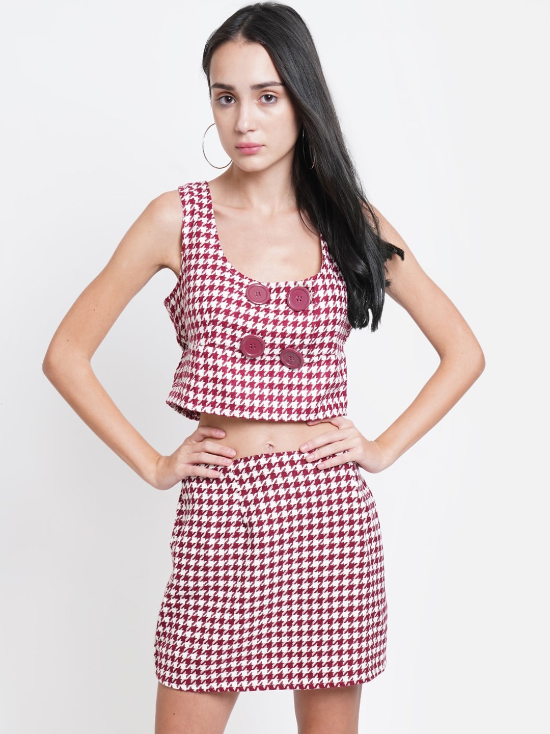 

Purple State Checked Crop Top With Skirt, Red
